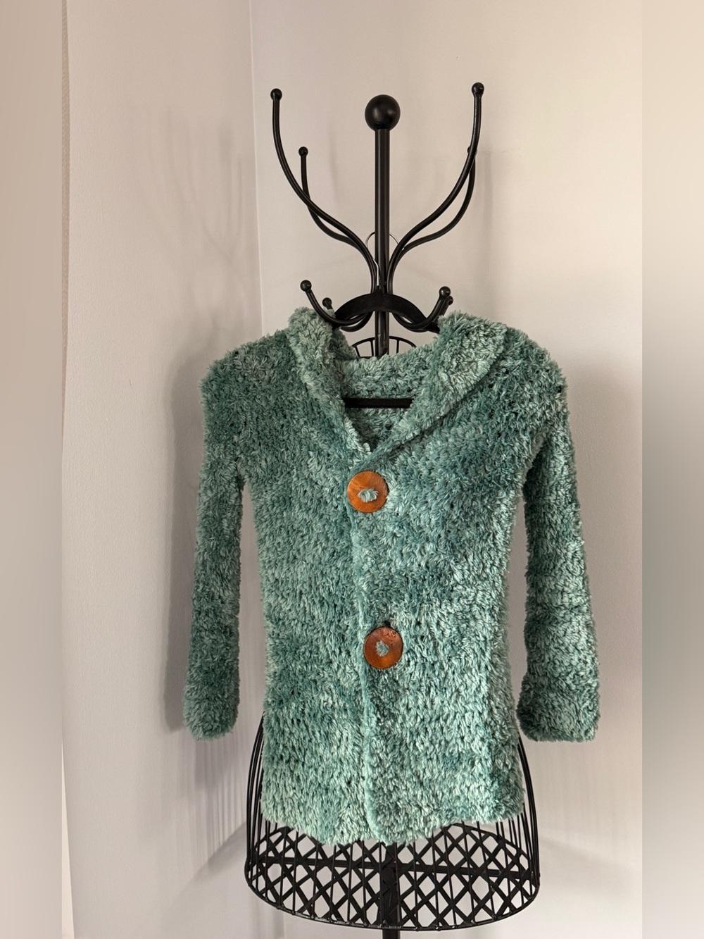Crochet handmade Cozy Teal Hooded Kids' Fuzzy Coat with Wooden Buttons